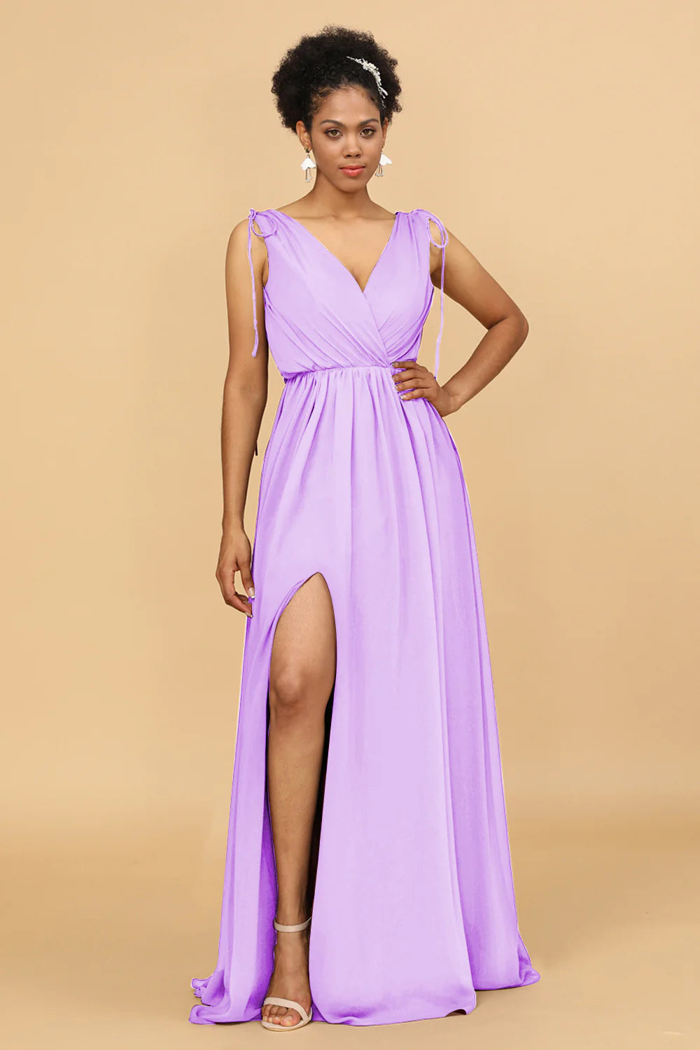 A Line Ruched V Neck Sleeveless Chiffon Bridesmaid Dress with Slit
