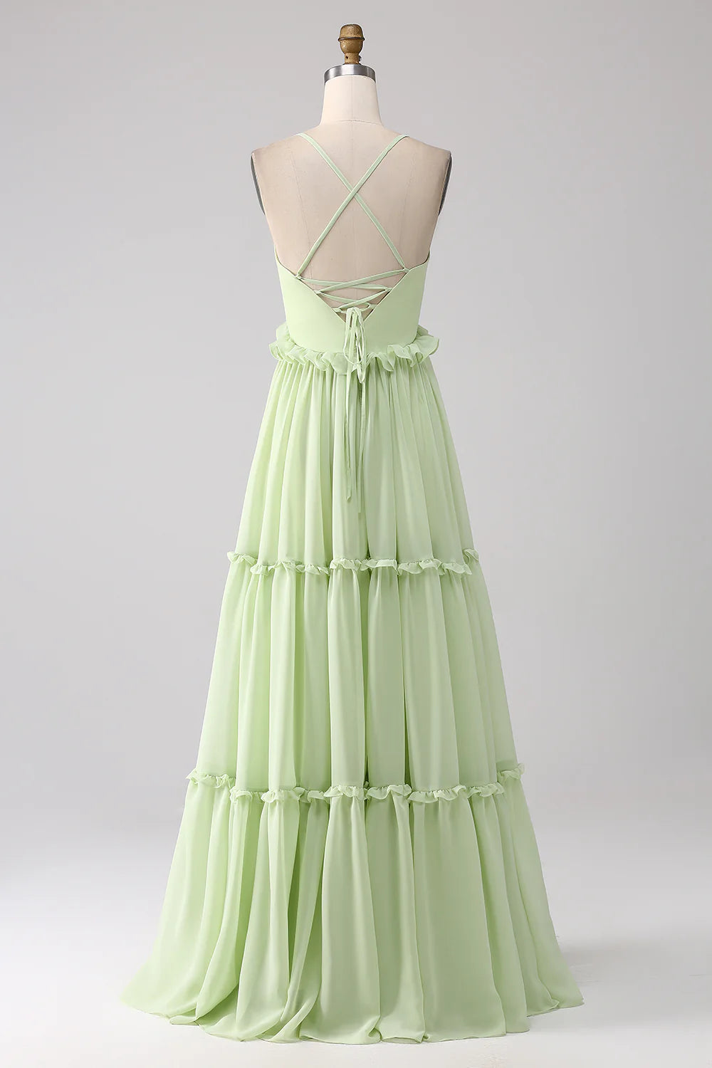 Light Green A Line Spaghetti Straps Backless Long Bridesmaid Dress With Ruffles