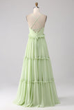 Light Green A Line Spaghetti Straps Backless Long Bridesmaid Dress With Ruffles