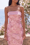 Pink Strapless 3D Flower Sheath Wedding Guest Dress with Slit