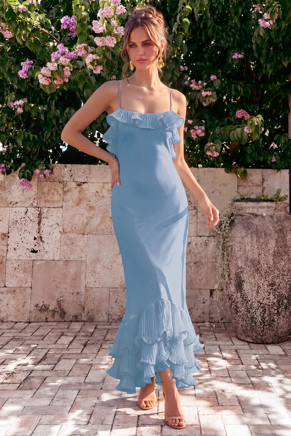 Light Blue Mermaid Ruffled Wedding Guest Dress