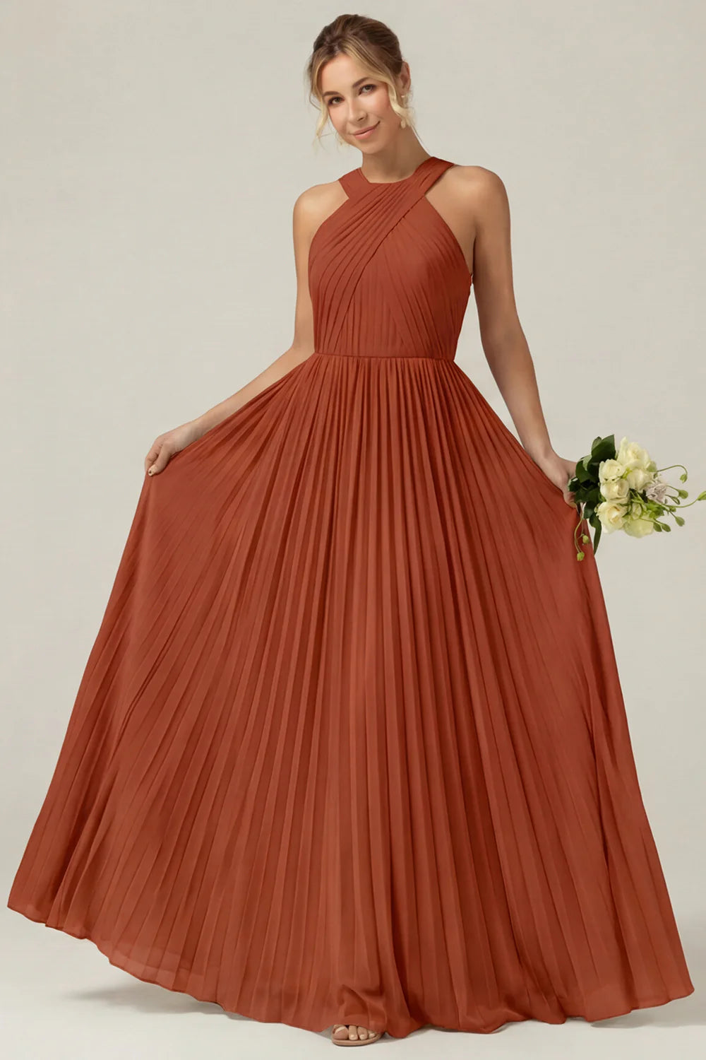 Dusty Sage A Line Halter Pleated Long Bridesmaid Dress