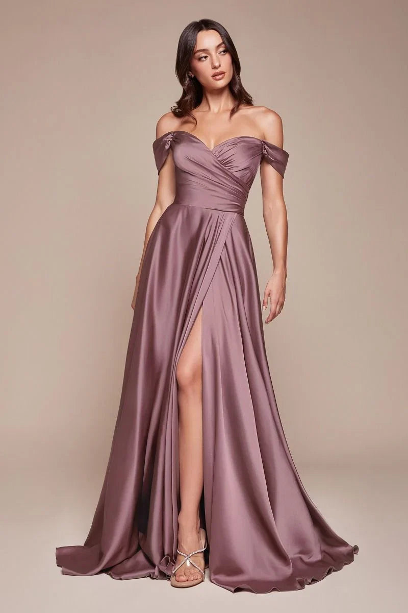 JILLIAN GOWN A LINE SOFT SATIN OFF THE SHOULDER DRESS