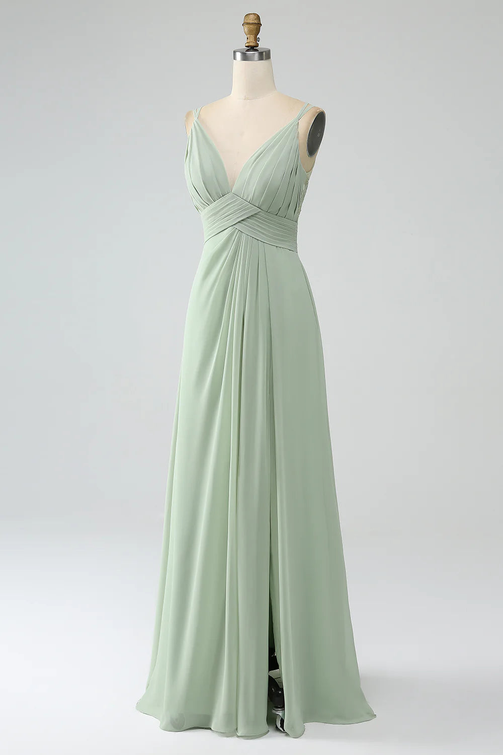 Dusty Sage A Line Spaghetti Straps Pleated Chiffon Bridesmaid Dress