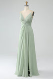 Dusty Sage A Line Spaghetti Straps Pleated Chiffon Bridesmaid Dress