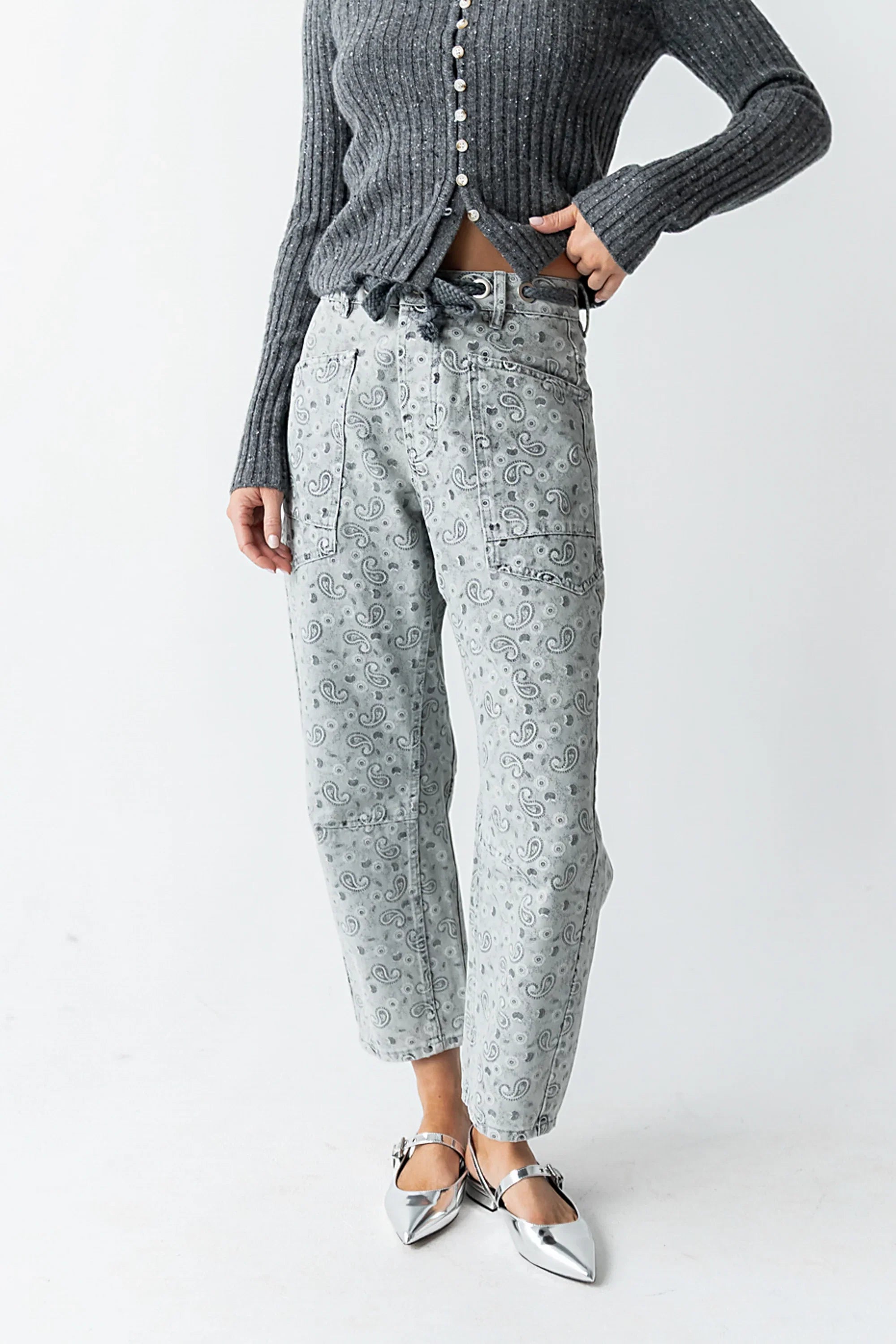 Paisley Printed Barrel Jeans