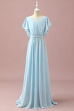 Sky Blue A Line Batwing Sleeves Chiffon Junior Bridesmaid Dress