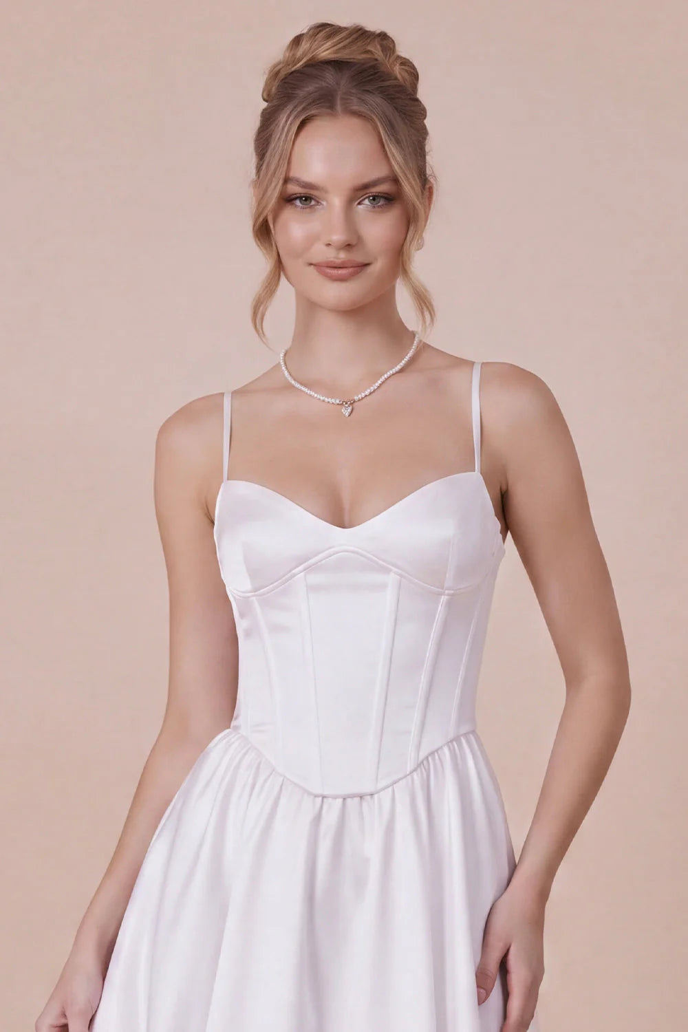 Satin A Line Corset Spaghetti Straps White Graduation Dress