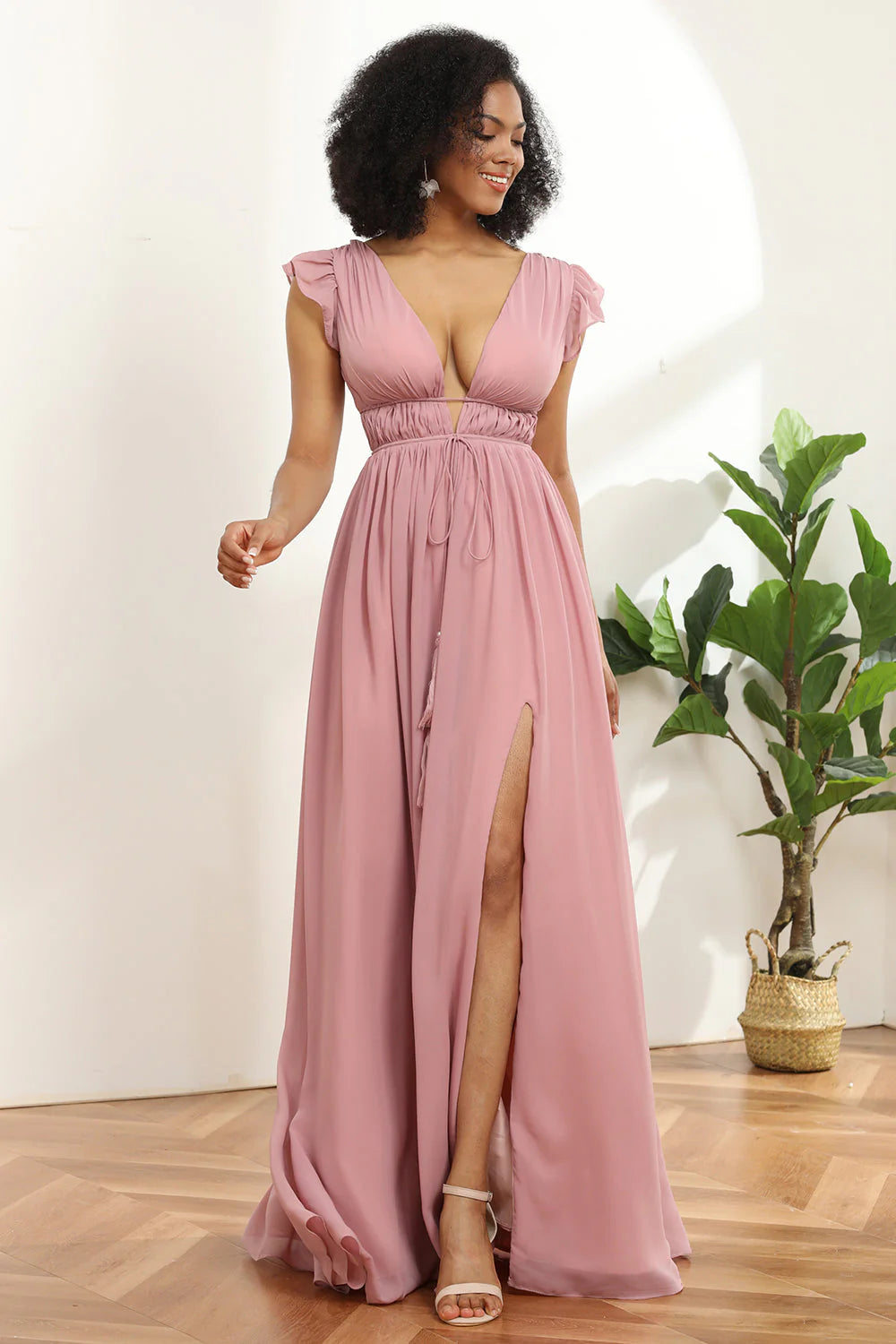 Blush A Line V Neck Long Chiffon Bridesmaid Dress with Slit
