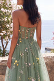 Dusty Sage A Line Sweetheart Embroidered Floral Midi Dress