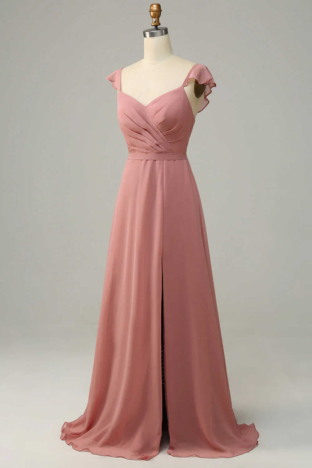 Dusty Rose A Line Ruffles Long Chiffon Bridesmaid Dress With Slit
