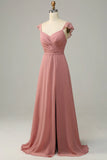 Dusty Rose A Line Ruffles Long Chiffon Bridesmaid Dress With Slit