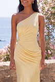 One Shoulder Ruched Mermaid Yellow Bridesmaid Dress