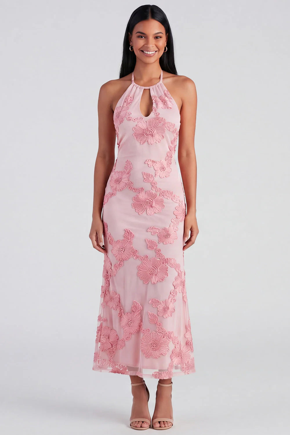 Halter Yellow Keyhole Mermaid Wedding Guest Dress with Appliques