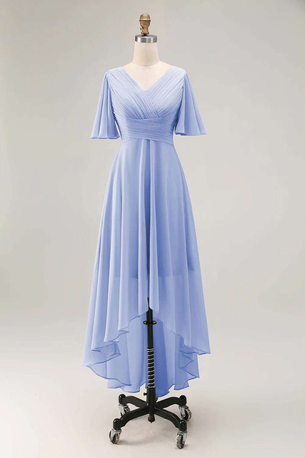 Sage Green A Line Chiffon Pleated High Low Bridesmaid Dress with Short Sleeves