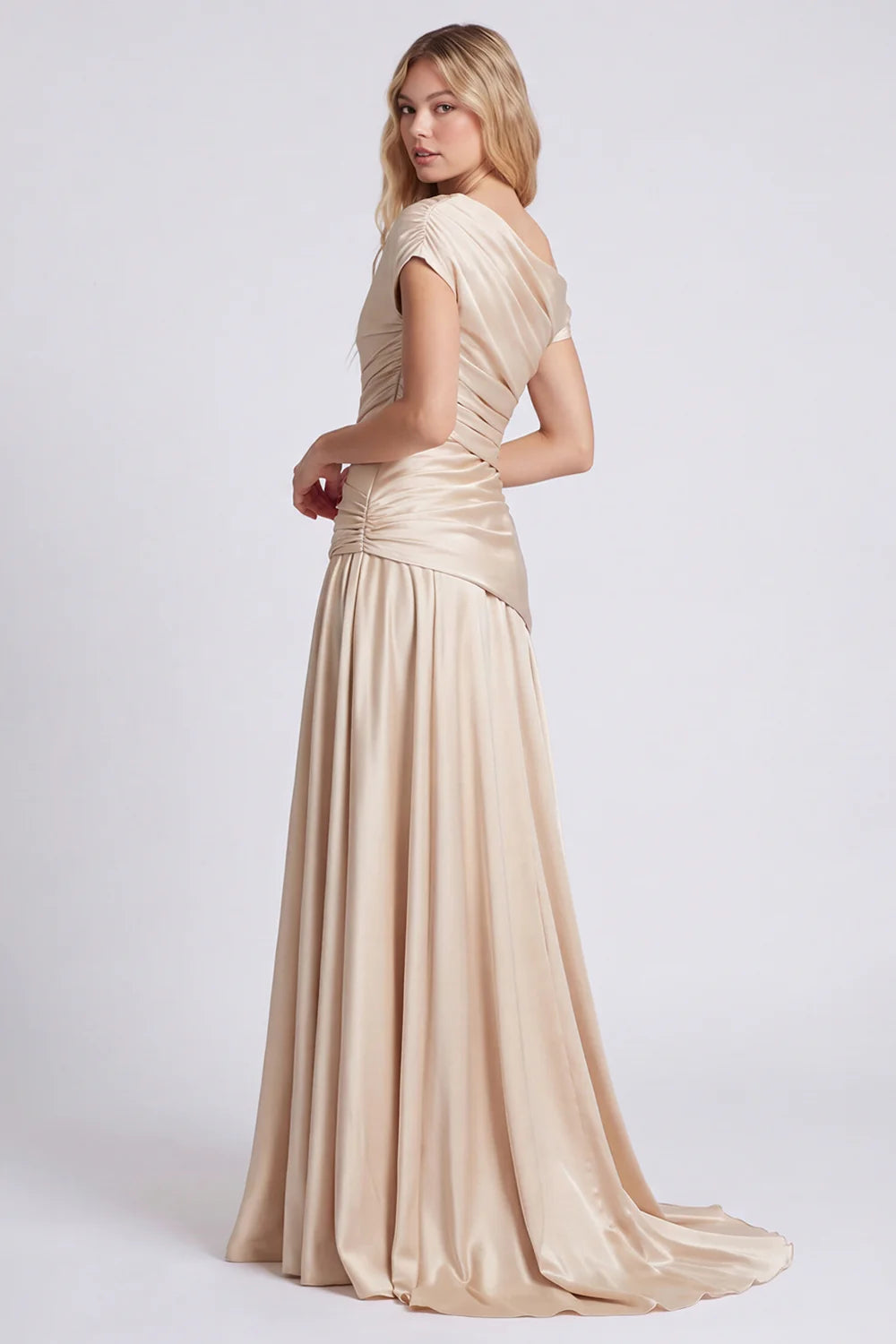 Off the Shoulder Champagne Ruched Satin Formal Dress