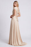 Off the Shoulder Champagne Ruched Satin Formal Dress