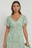 Dusty Sage A Line V Neck Ruffled Long Bridesmaid Dress with Short Sleeves