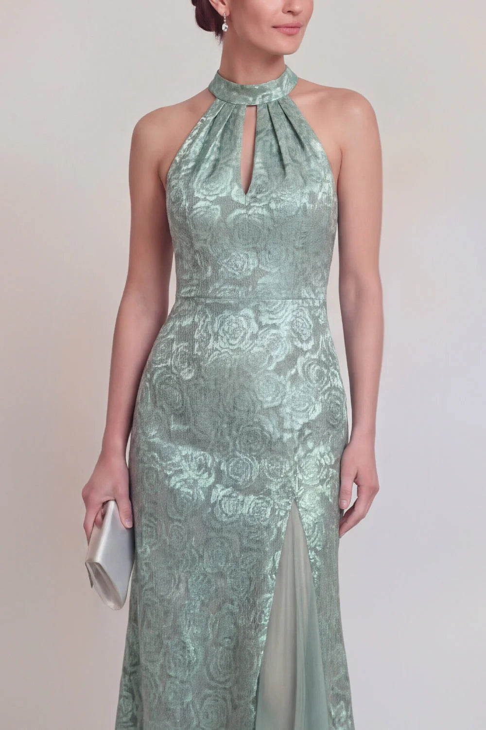 Halter Jacquard Mermaid Sage Green Mother of the Bride Dress