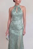 Halter Jacquard Mermaid Sage Green Mother of the Bride Dress