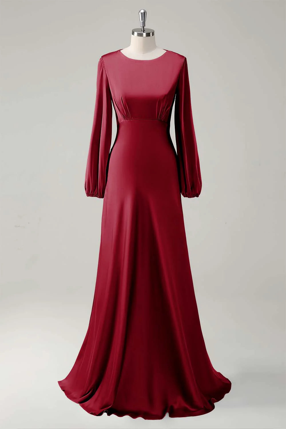 Agave A Line Round Neck Satin Long Bridesmaid Dress with Long Sleeves