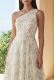 One Shoulder Floral Light Green A Line Wedding Guest Dress