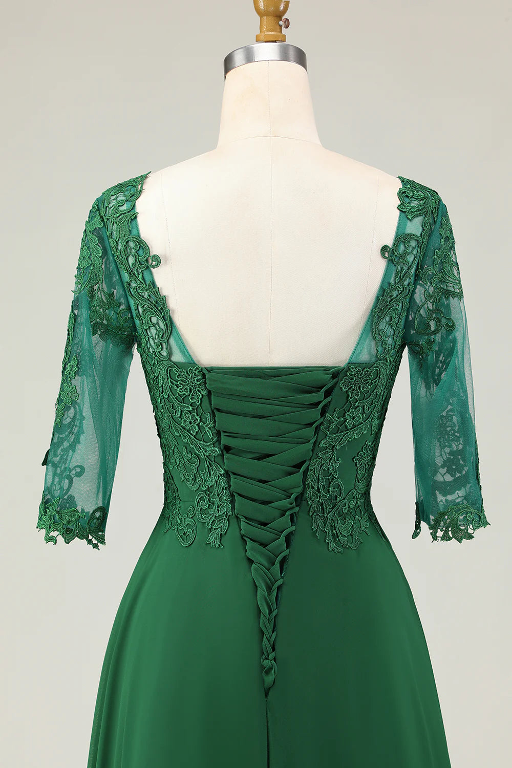 Green A Line Tie Back Appliqued Midi Mother Of The Bride Dress with Half Sleeves