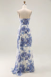 Blue Sheath Corset Floral Burnout Streamer Long Bridesmaid Dress with Slit