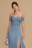 Ruched Off The Shoulder Twilight A Line Bridesmaid Dress with Slit
