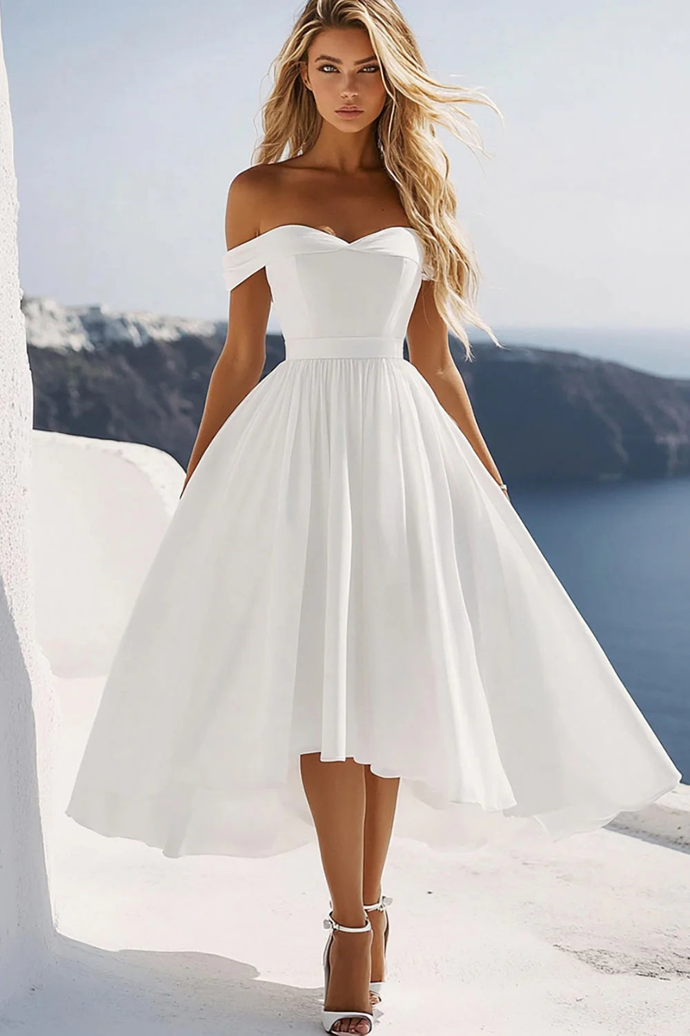 White A Line Off the Shoulder Asymmetrical Graduation Dress