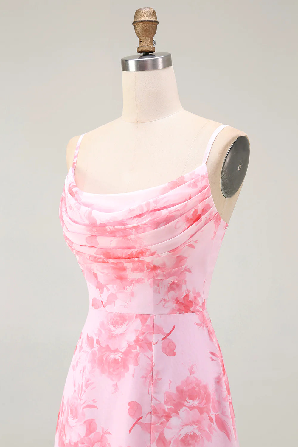 Pink Flower A Line Cowl Neck Print Long Bridesmaid Dress with Slit