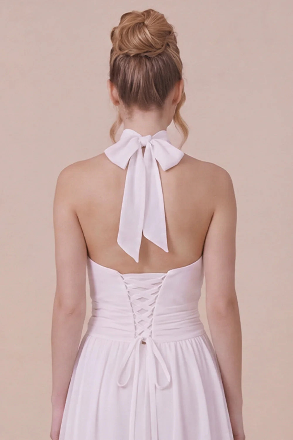 Ruffled Halter White Graduation Dress with Lace up Back
