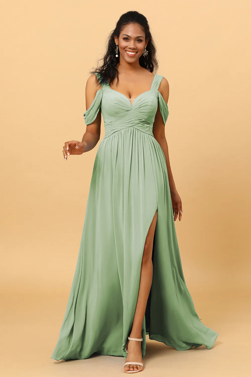 A Line V Neck Cold Shoulder Chiffon Bridesmaid Dress with Slit
