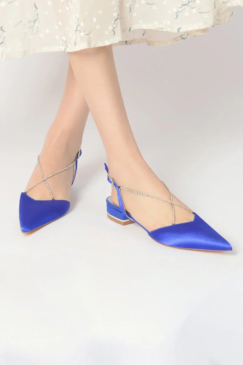 Satin Pointed Toe Beading Buckle Kitten Heels