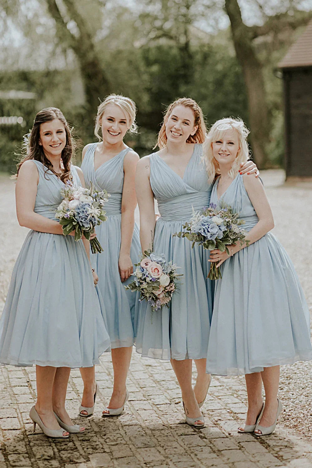 Dusty Blue A Line Mid Calf Ruched Chiffon Bridesmaid Dress