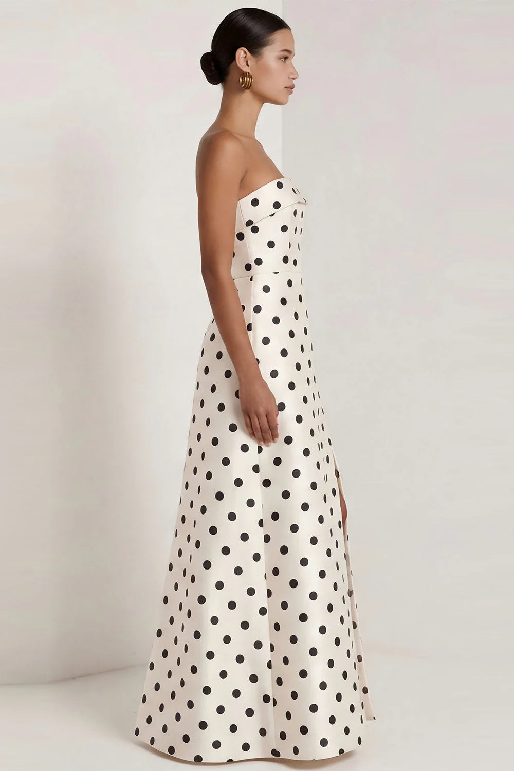 Strapless Black White A Line Polka Dot Long Formal Dress with Slit