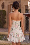 Sequin White Pink Flower Strapless A Line Homecoming Dress with Scarf