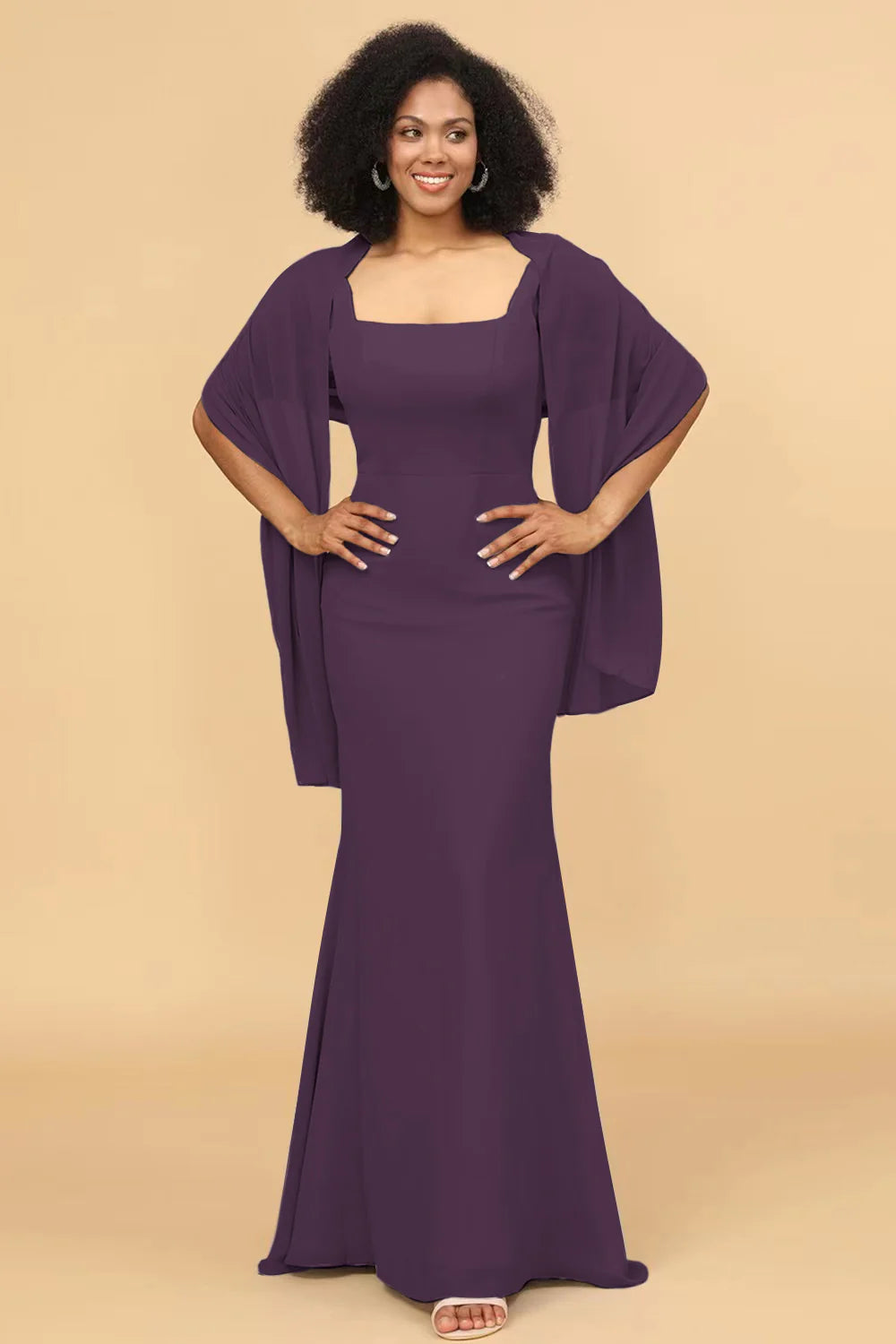 Mermaid Square Neck Long Chiffon Bridesmaid Dress with Cape
