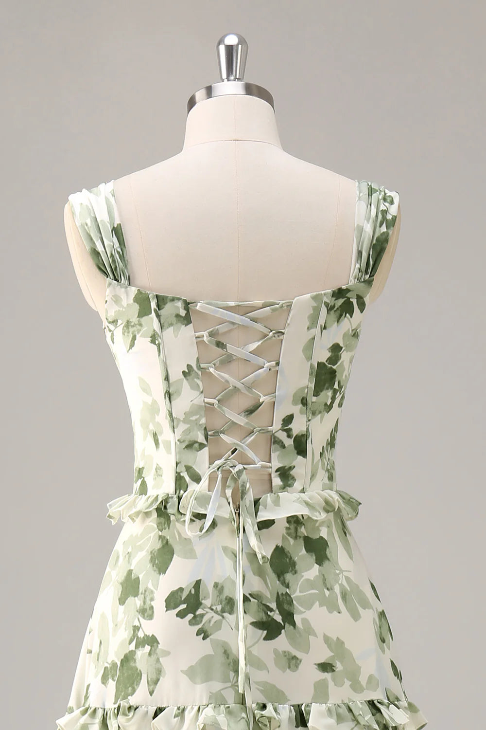 Green Flower A Line Corset Tiered Maxi Dress with Lace Up Back