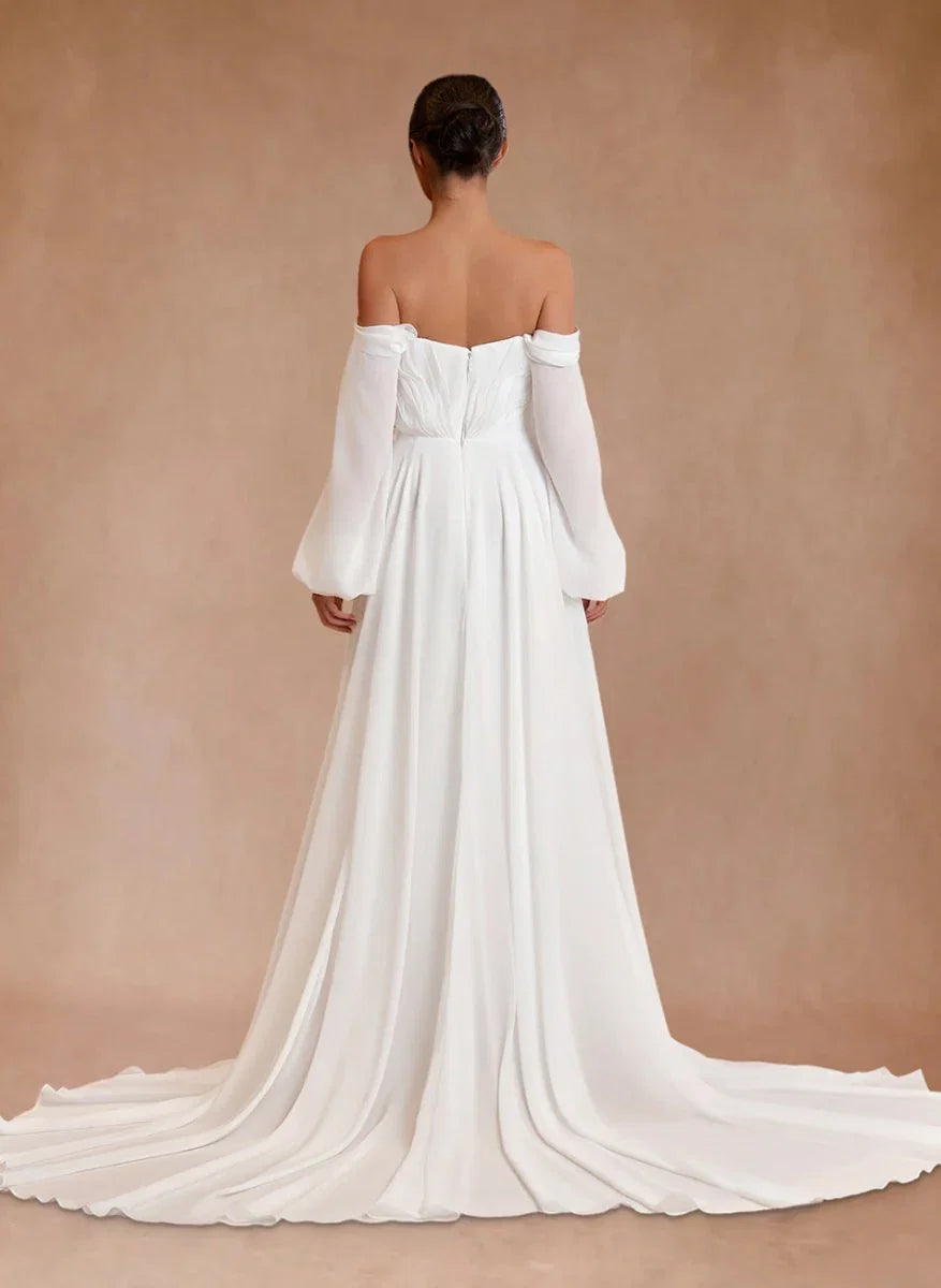 A Line Sweetheart Long Sleeves Chiffon Sweep Train Wedding Dress