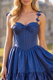 Navy A Line Spaghetti Straps Corset Homecoming Dress