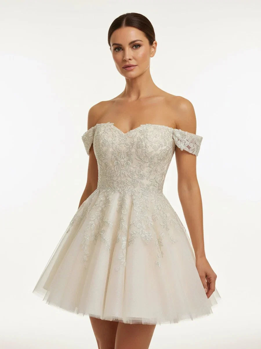 Lace White Appliques A Line Short Wedding Dress