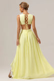Lemon Yellow A Line V Neck Hollow Out Ruffle Pleated Long Bridesmaid Dress with Slit