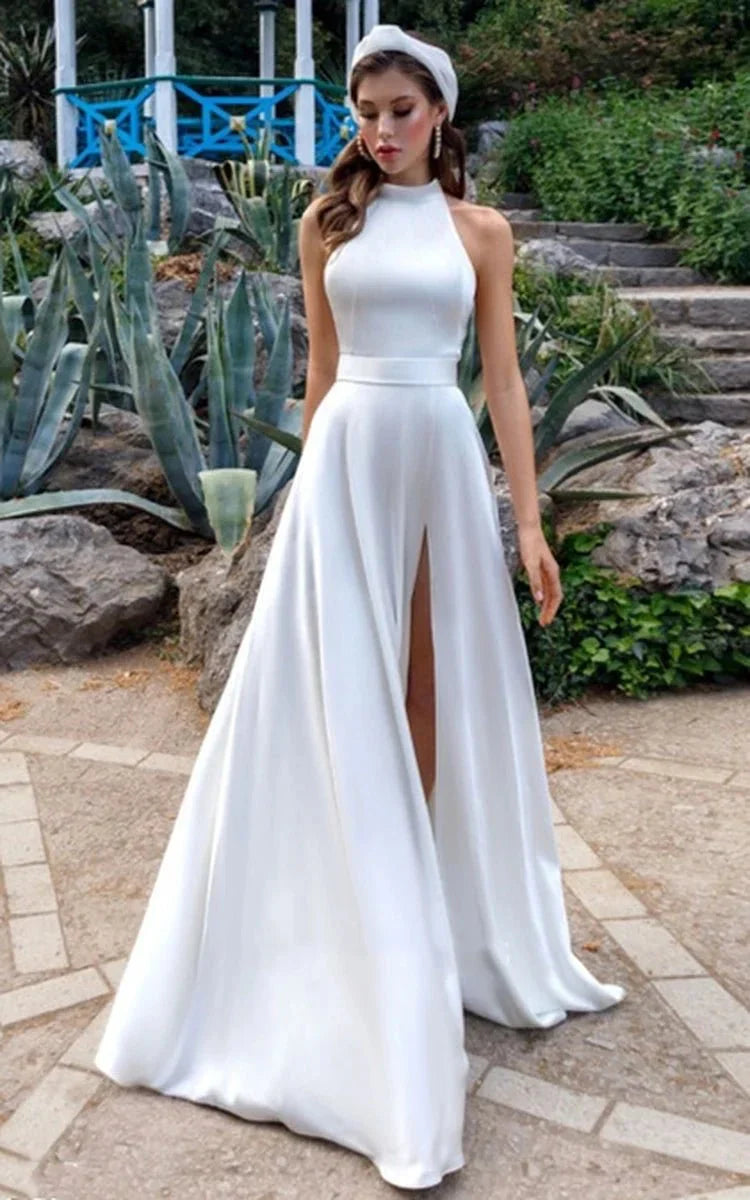 Simple Modest A Line Halter Maxi Wedding Dress