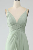 Dusty Sage A Line Spaghetti Straps Pleated Chiffon Bridesmaid Dress