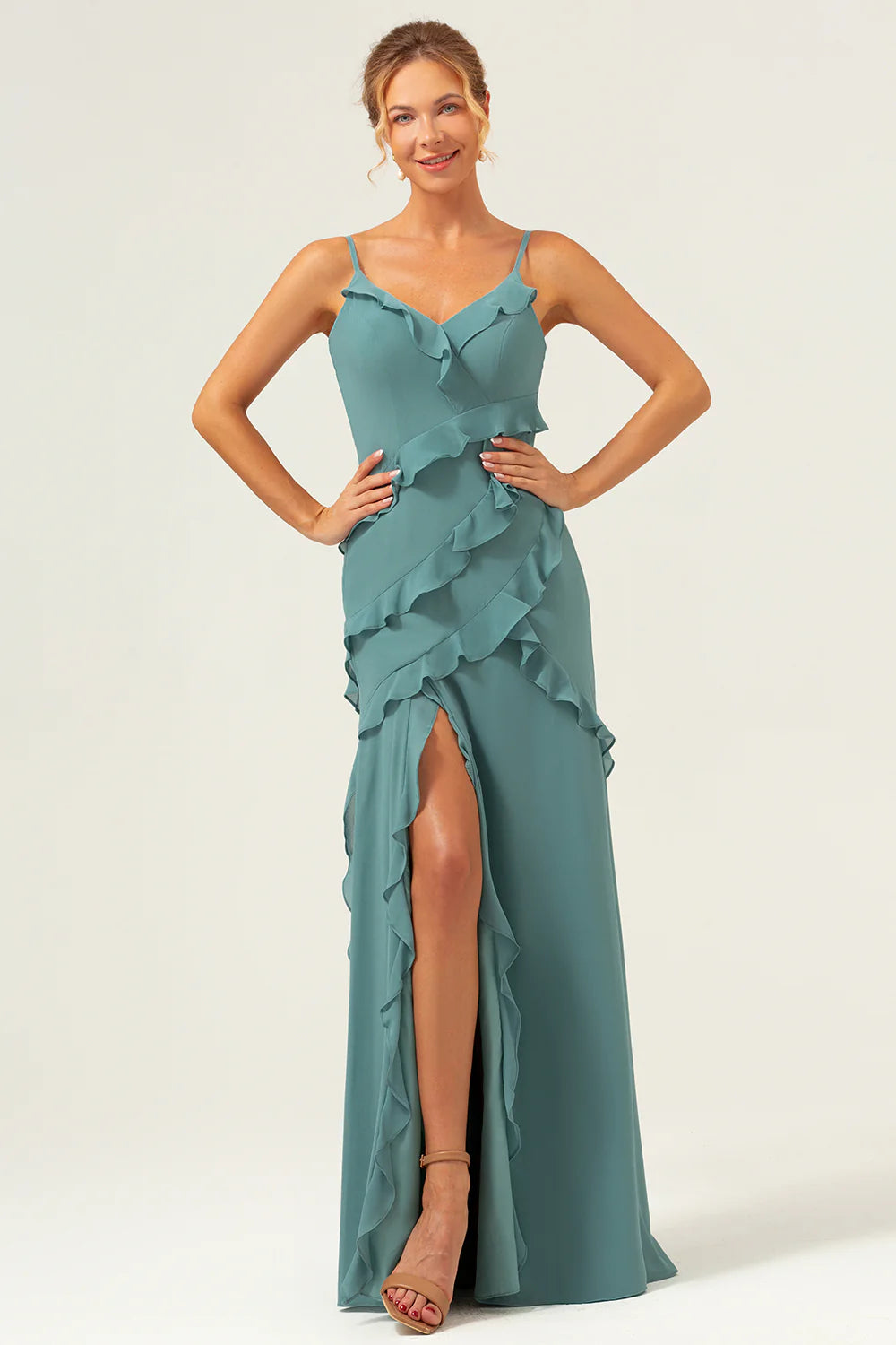 Eucalyptus Sheath Spaghetti Straps Ruffle Floor Length Bridesmaid Dress