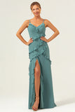 Eucalyptus Sheath Spaghetti Straps Ruffle Floor Length Bridesmaid Dress