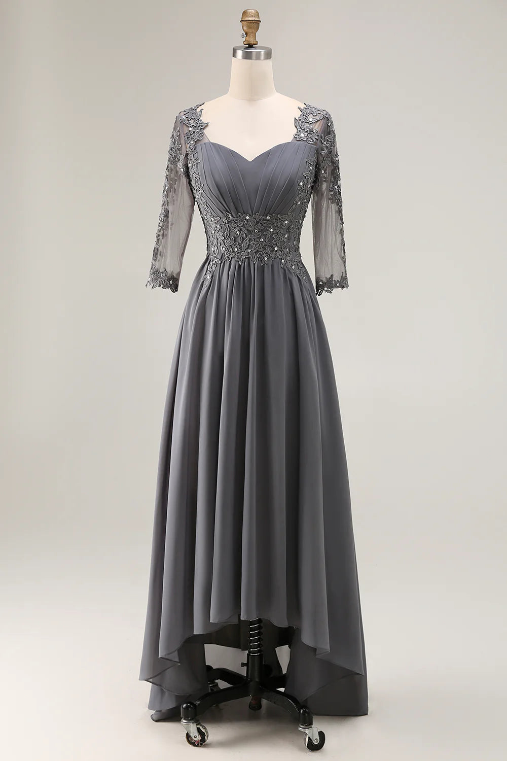 Steel Grey Appliqued A Line Half Sleeves Mother Of The Bride Dress with Back Keyhole