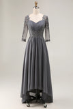 Steel Grey Appliqued A Line Half Sleeves Mother Of The Bride Dress with Back Keyhole