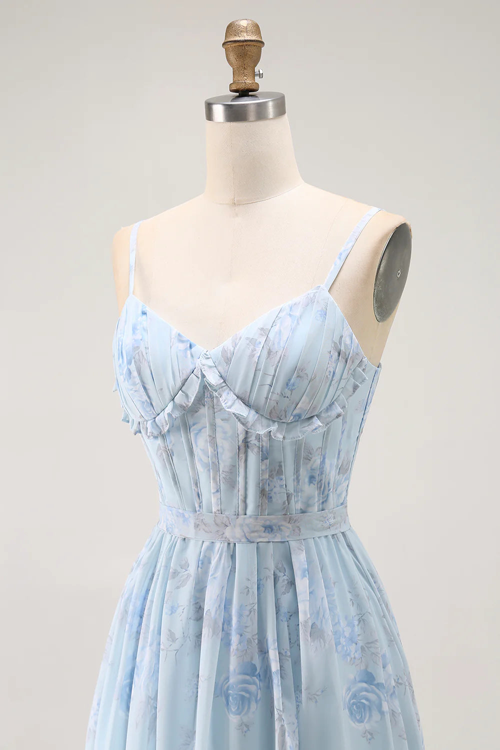 Blue Flower A Line Corset Ruffled Chiffon Long Bridesmaid Dress with Slit